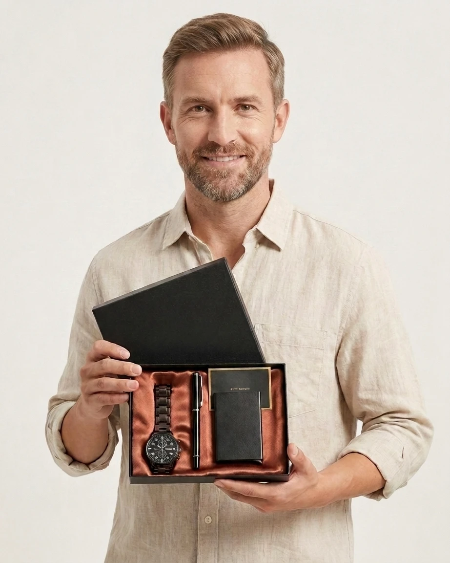The Gentleman's Set — ZeniDock with classic watch, leather wallet and pen in gift presentation